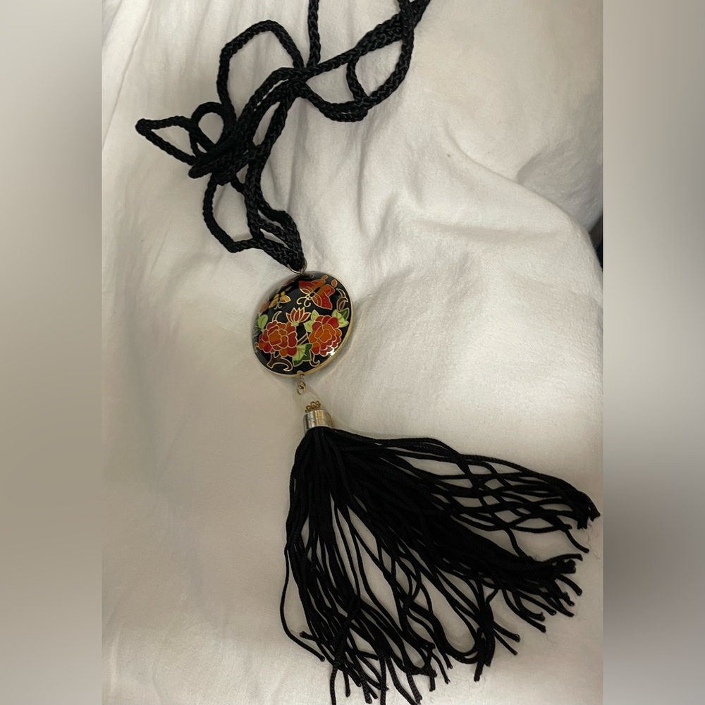 Elegant Black Satin Rope multi strand double sided Cloisonné Tassel Necklace